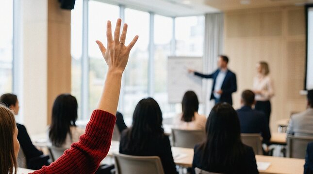 Engaged professional raising hand in modern business conference session