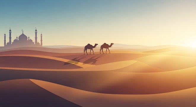 Islamic desert landscape with camels and mosque silhouette under bright sun