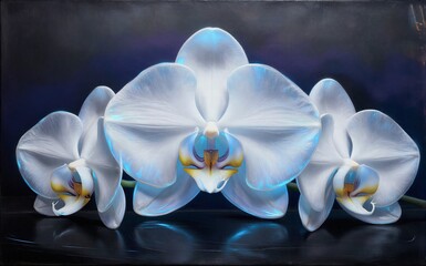 Three glowing white orchids with blue highlights on dark reflective © joeycheung