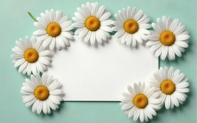 Fototapeta premium Five daisies frame a blank card on mint green background.