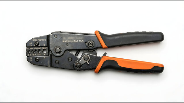 Crimping Tool Ratcheting Gray Heavy Duty Metal Frame Interchangeable Die Flat Lay on Pure White Matte Background Overhead View