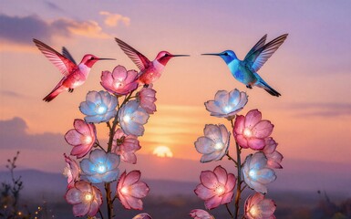 Obraz premium Colorful hummingbirds fly among glowing pink and blue flowers at