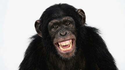 Fototapeta premium Joyful Chimpanzee Grinning Widely with Open Mouth on White Background