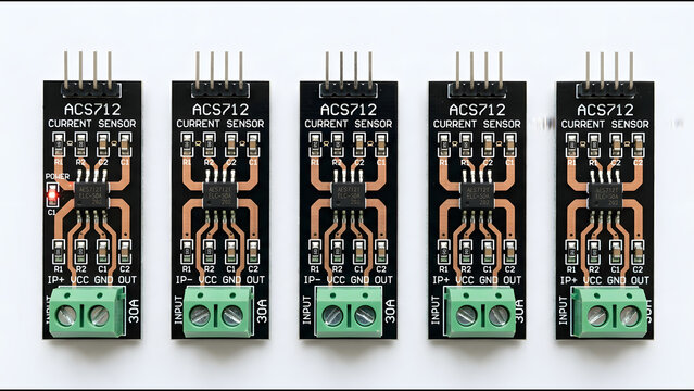 Current Sensor ACS712 Small Black PCB Rectangular SOIC Chip Top Flat Lay on Pure White Surface Top Down View for DC AC Current Measurement