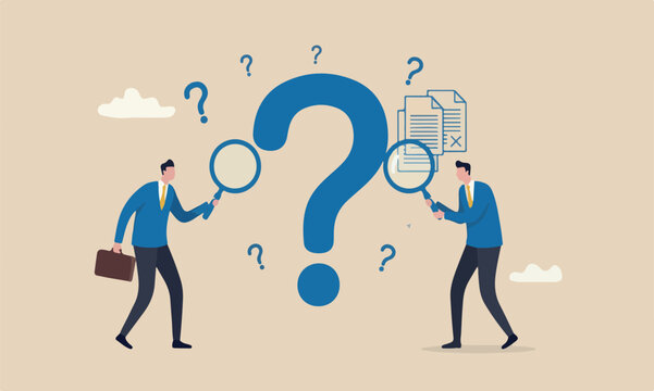 Suspicious or partner, doubtful or pretending, analyzing fake or fraud, concerned or question of business transparency concept, suspicious businessman analyze each other with magnifying glass