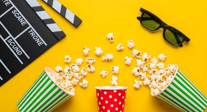 Movie night, cinema snacks, popcorn buckets, film props, yellow background
