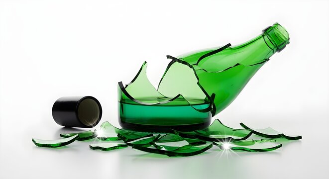 Broken green glass bottle, shattered pieces, empty liquor bottle, crushed glass