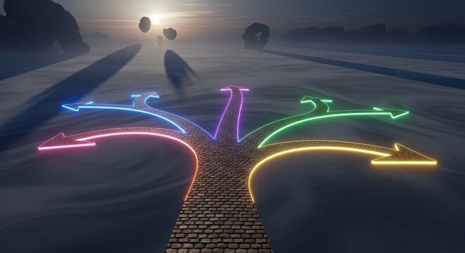 Multiple glowing neon arrows diverge at a crossroads symbolizing choices, future, and decisions