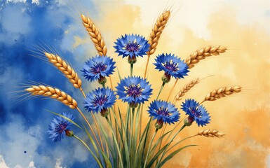 Naklejka premium Blue flowers and golden wheat against a vibrant painterly sky.