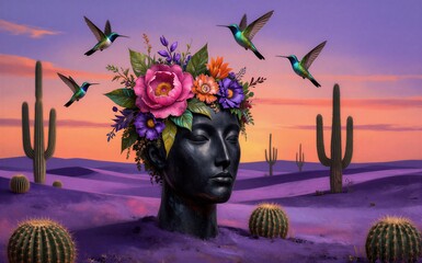 Obraz premium A serene desert scene with a floral head hummingbirds flying above.