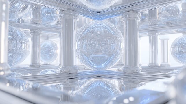 Abstract architectural interior with spheres and columns in a bright setting
