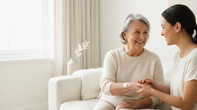 Happy Elderly Woman with CGM Receiving Intergenerational Home Care Support