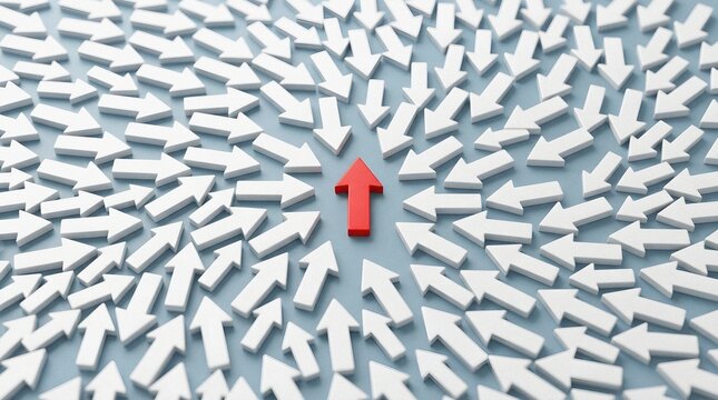 Bold Red Arrow Pointing Upwards Defying White Crowd Direction