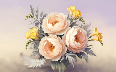 Naklejka premium Soft pink peonies and yellow freesias in a vase with delicate