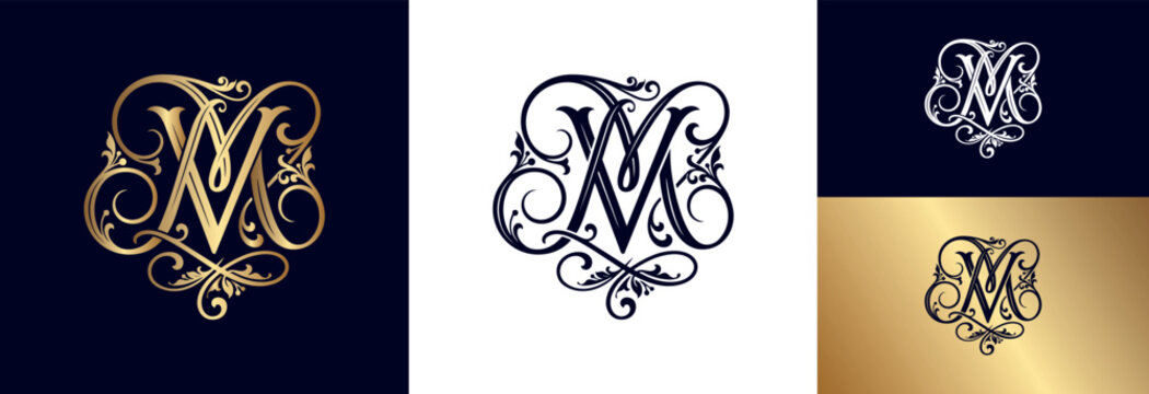 Elegant interwoven vintage letters v m monogram in gold color with flourishes.