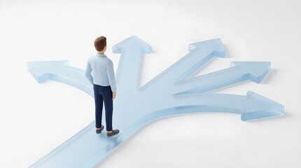 Obraz premium Strategic Choice: Figure at Crossroads Multiple Future Path Arrows
