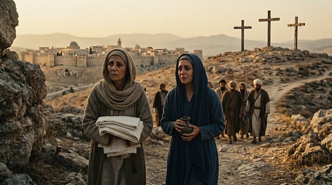 Biblical women grieving near Jerusalem with crosses on Calvary hill
