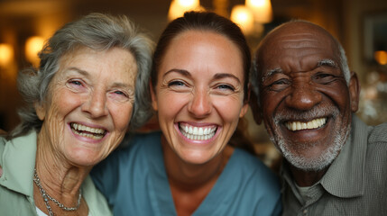 Fototapeta premium Three people smile warmly at the camera. Younger woman stands between two older adults. Their joyful expressions show deep affection and connection. Perfect for family, senior care