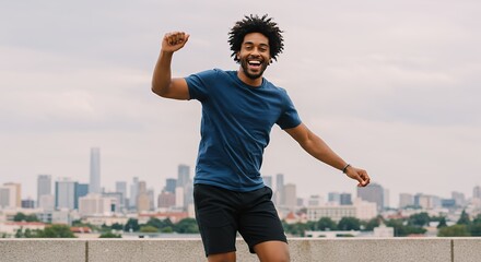Fototapeta premium 都会の風景を背に開放的にジャンプする男性