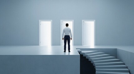 Fototapeta premium Man at a crossroads contemplating his future choice between open doors.