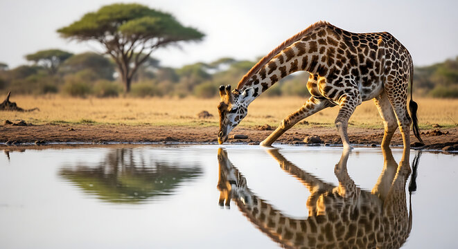 Two giraffes bend down to drink from a serene savannah waterhole surrounded by acacia trees and dry grasslands under a clear sky.