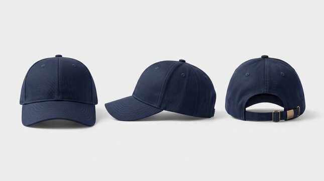 Navy baseball cap mockup in front, side, and back views, perfect for creator merch, embroidery branding, sportswear customization, and clean accessory mockups.