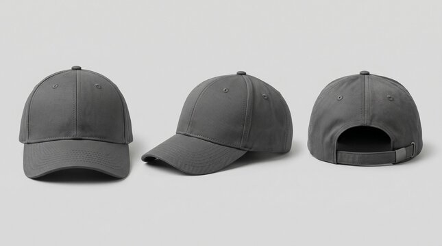 Gray baseball cap mockup with multiple angles and clean structure, ready for merchandising, embroidery placement, lifestyle brand drops, and accessory design.