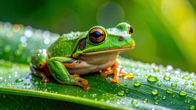 Close-up of a vibrant green frog with large eyes sitting on a leaf with water droplets