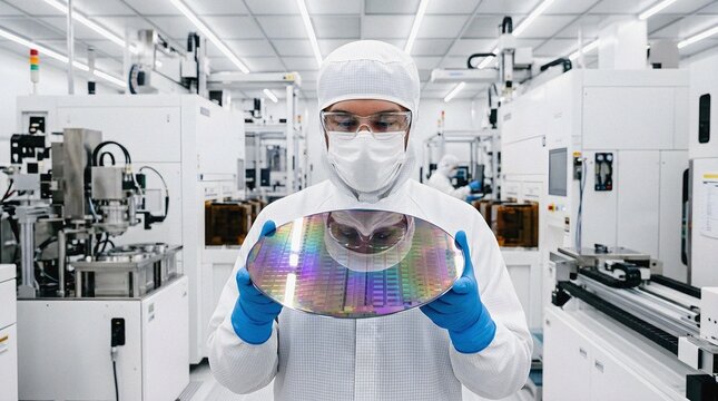 Engineer in cleanroom holding a silicon wafer at a semiconductor fab