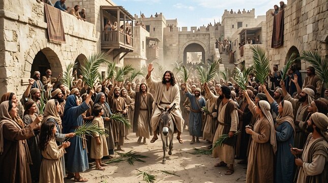 Jesus Christ's triumphal entry into Jerusalem celebrated by a crowd.