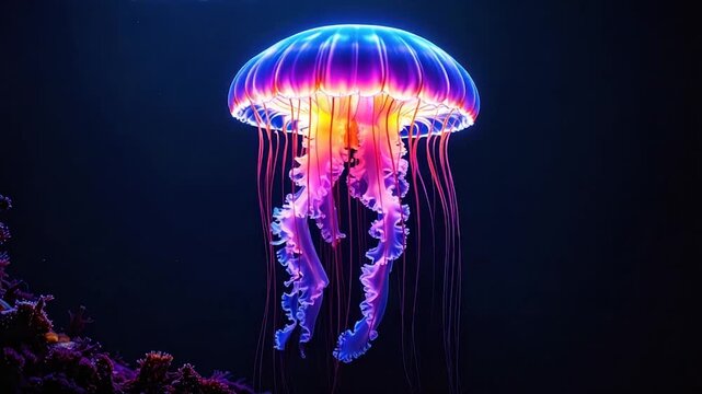 A vibrant, bioluminescent jellyfish floats in deep water, with coral in the background