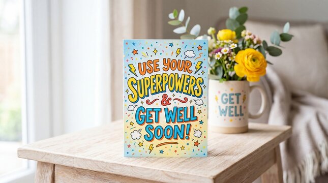Get Well Soon Card with Superpowers Theme and Colorful Design.