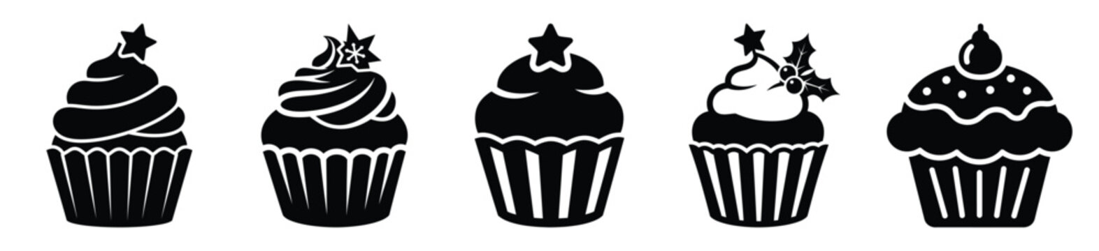 High quality cupcake  silhouette vector icon set. christmas isolated icons on white background Vector illustration.