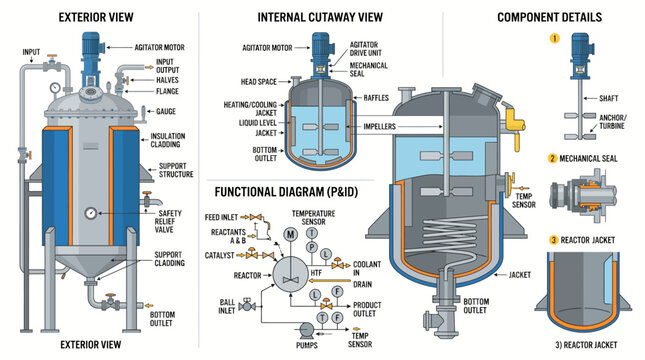 Detailed schematic diagram illustrating the industrial chemical reactor components and operational