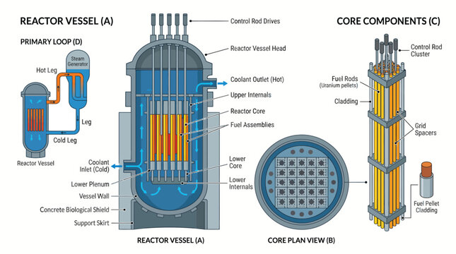 Detailed schematic illustration of a nuclear reactor vessel and core components showing internal