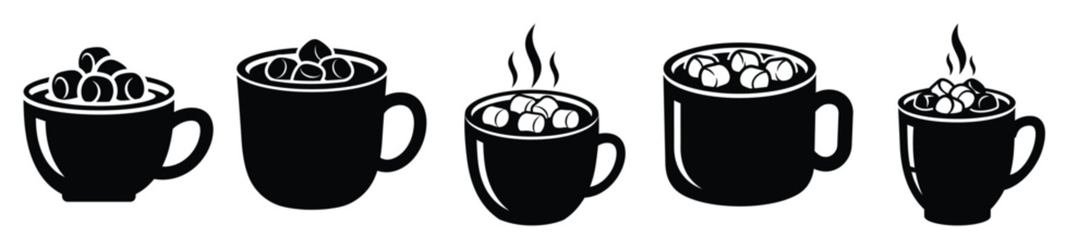 High quality hot cocoa with  silhouette vector icon set. christmas isolated icons on white background Vector illustration.