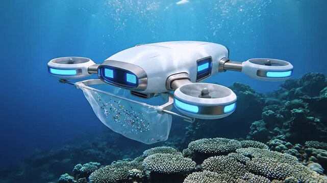 Advanced autonomous underwater drone with glowing blue lights gathers plastic debris and microplastics in a net above coral reef in clear blue ocean water