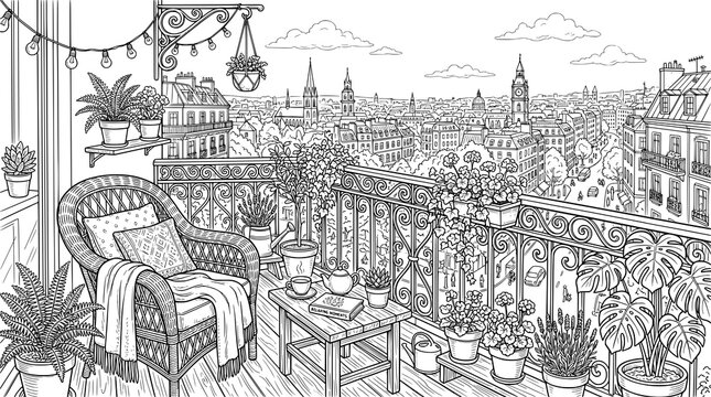 Cozy parisian balcony with wicker chair and many potted plants overlooking cityscape