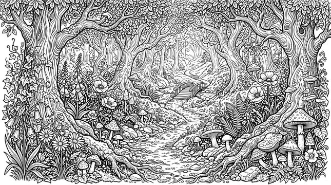 Whimsical forest scene with trees, mushrooms, and flowers in a winding path
