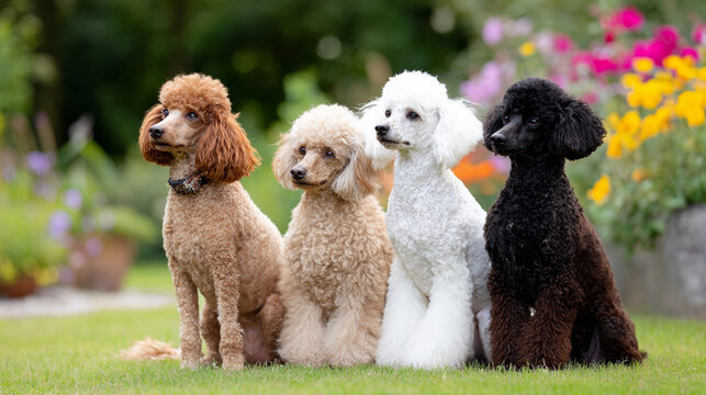 Different colored poodles sitting in a row showcasing coat variations outdoors