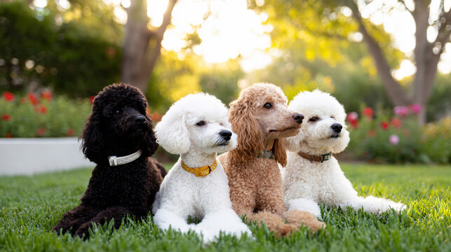 Different colored poodles sitting in a row showcasing coat variations outdoors