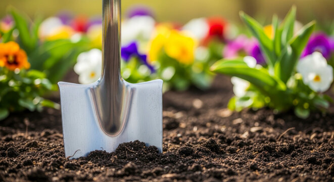 Gardening shovel in soil of spring flowerbed with colorful flowers background