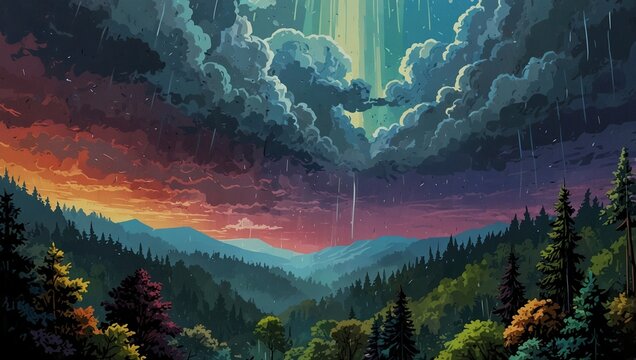 epic and calming cloud forest and sky landscape illustration made by AI generative