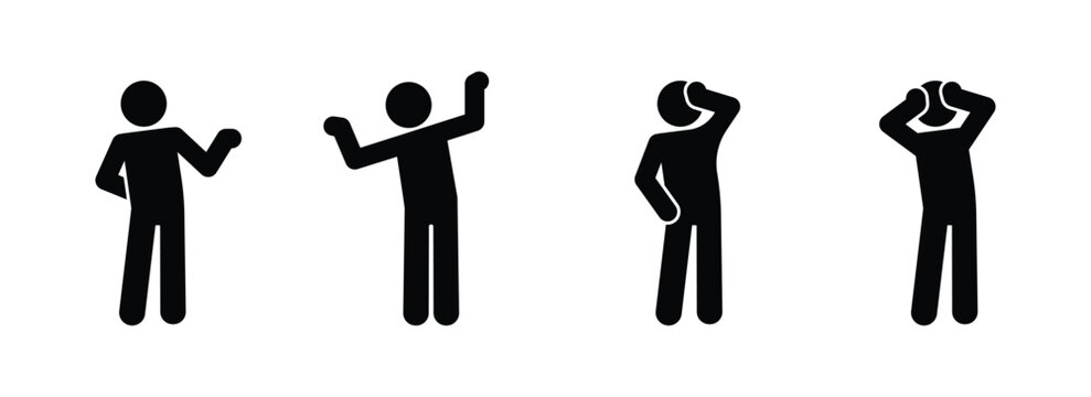 Vector stickman set waving hands in greeting. Black minimal human figures with hello gestures isolated on transparent background, clean editable illustration.