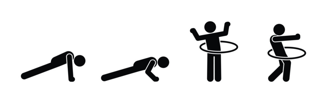 Vector stickman fitness set with push ups and hula hoop exercises. Black minimal sports figures isolated on transparent background, clean editable illustration.