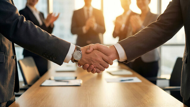 Business Handshake Deal at Golden Hour Conference Table