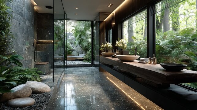 Modern bathroom with a natural and luxurious ambiance and a garden view