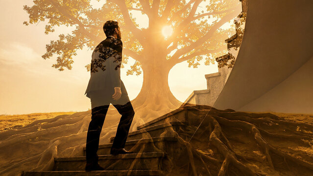Man Standing Stairs Double Exposure Giant Tree Golden Light
