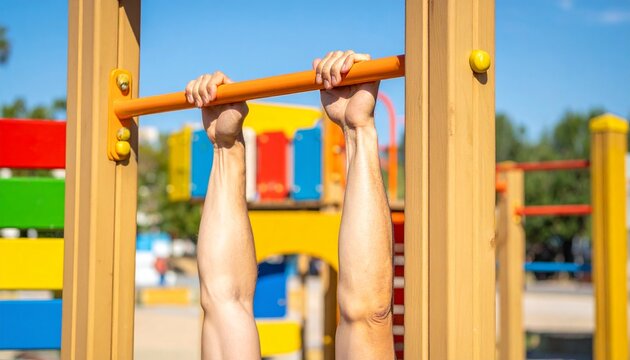 Strong hands gripping a monkey bar on a colorful outdoor playground, demonstrating fitness and active lifestyle.