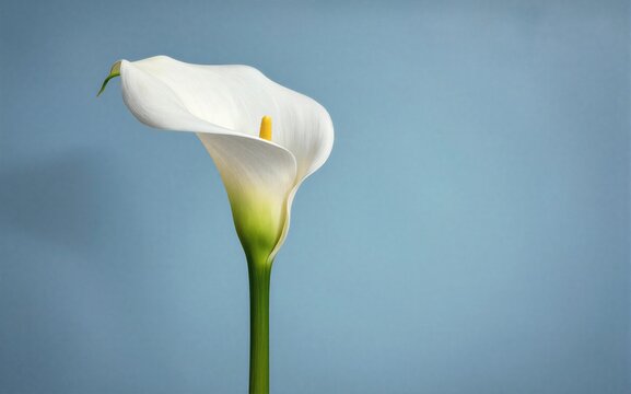 White calla lily with yellow spadix stands out against soft blue